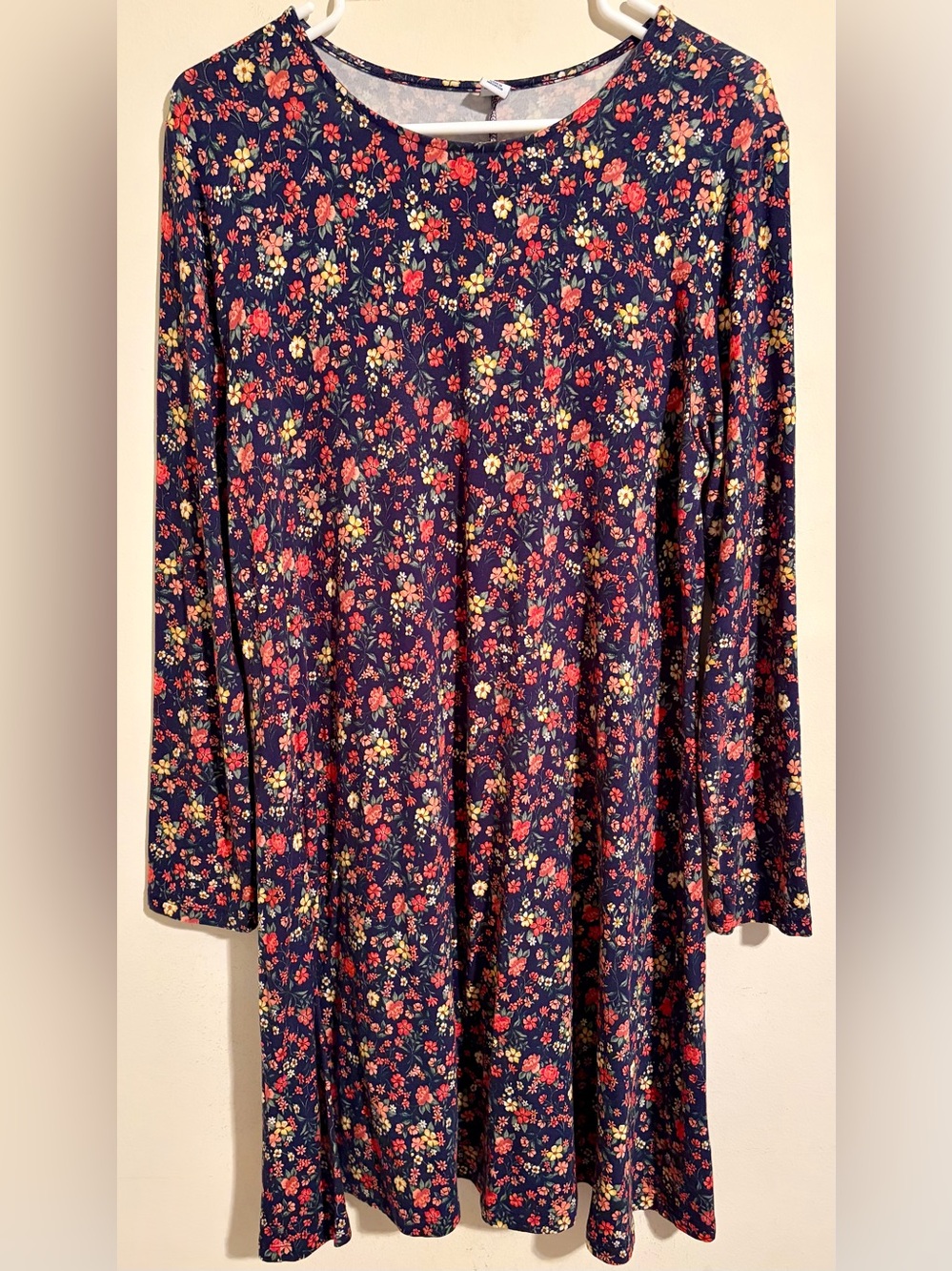 Old Navy Navy Blue w/ Floral Long-Sleeve Midi Jersey Knit Swing Dress Sz Large